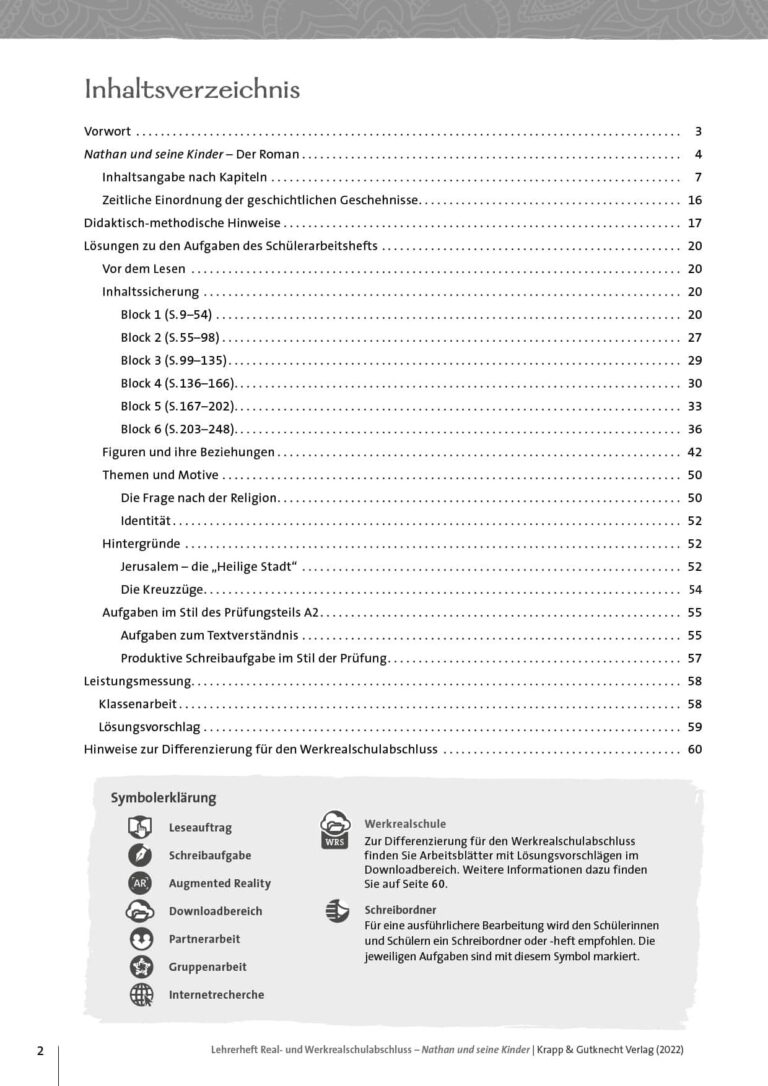 Inhaltsverzeichnis Lehrerheft – Nathan und seine Kinder – Krapp & Gutknecht Verlag