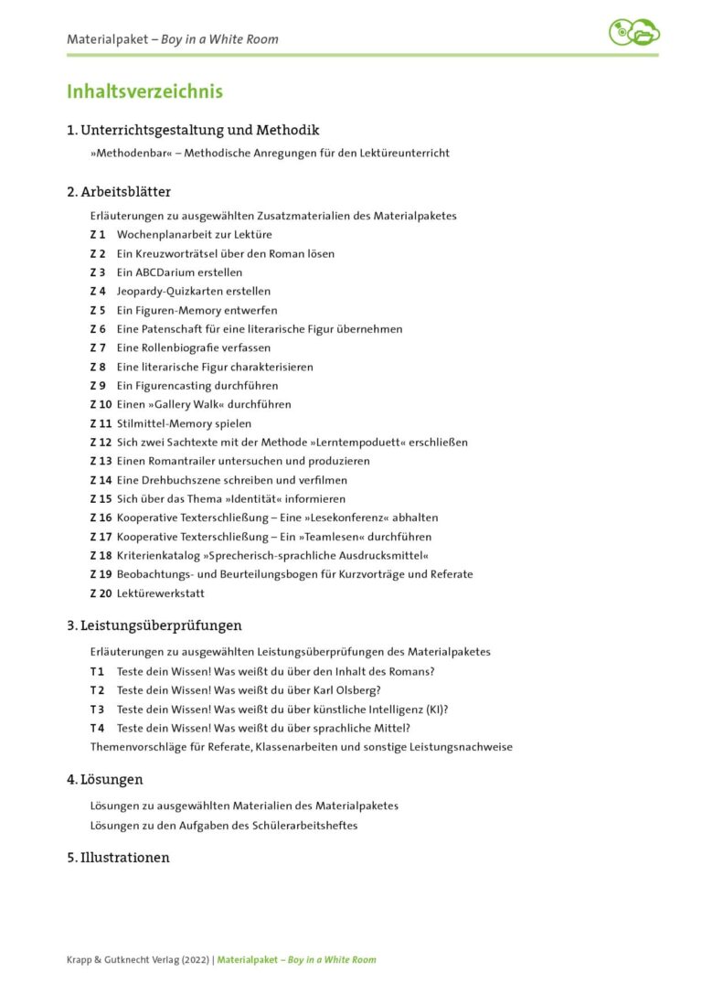 Inhaltsverzeichnis Materialpaket – Boy in a White Room – Krapp & Gutknecht Verlag