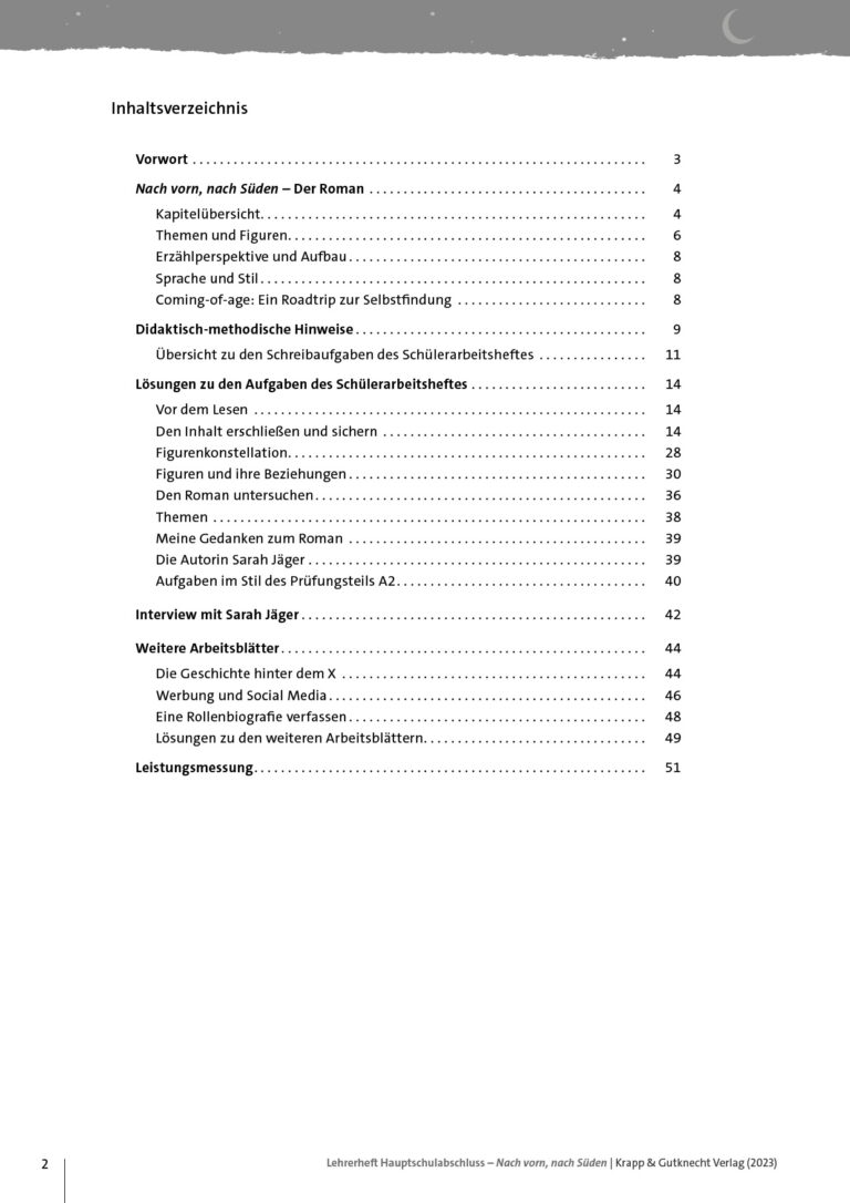 Inhaltsverzeichnis Lehrerheft HSA Nach vorn, nach Süden – Krapp & Gutknecht Verlag