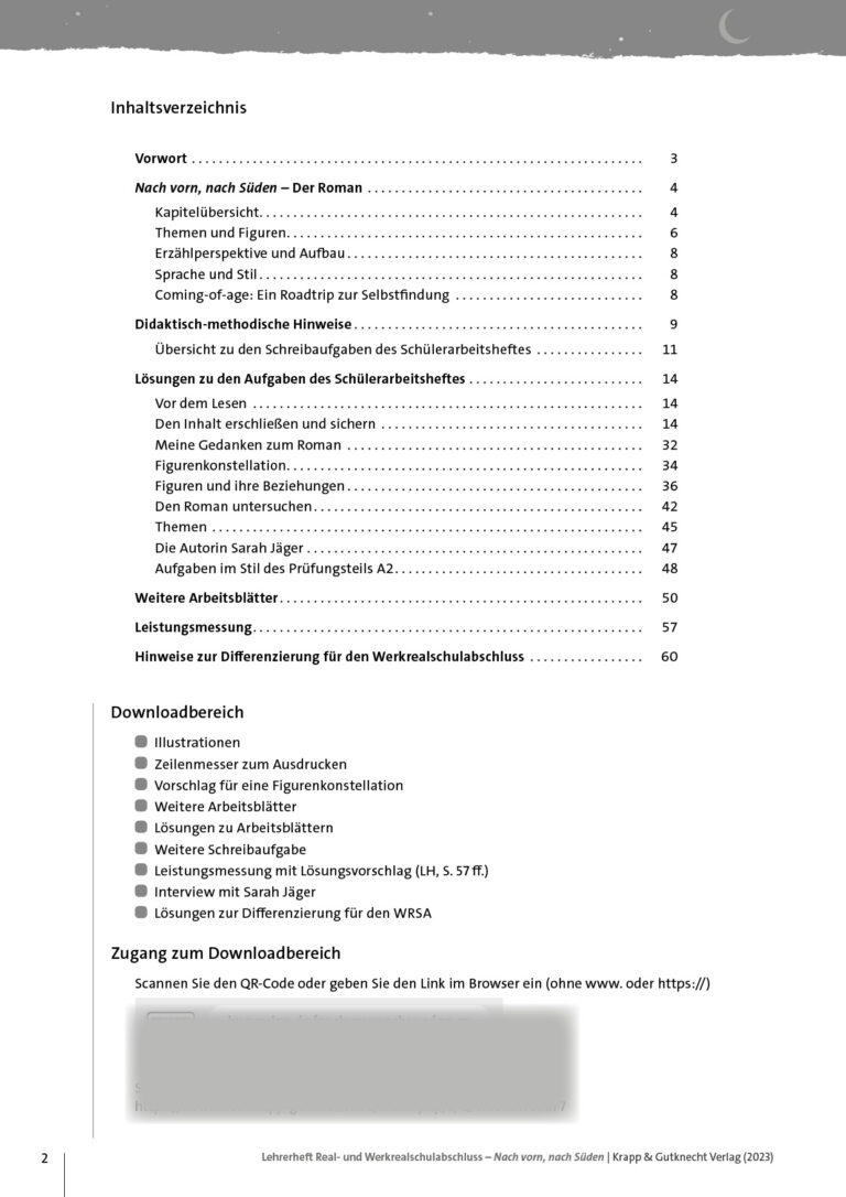 Inhaltsverzeichnis Lehrerheft RSA Nach vorn, nach Süden – Krapp & Gutknecht Verlag