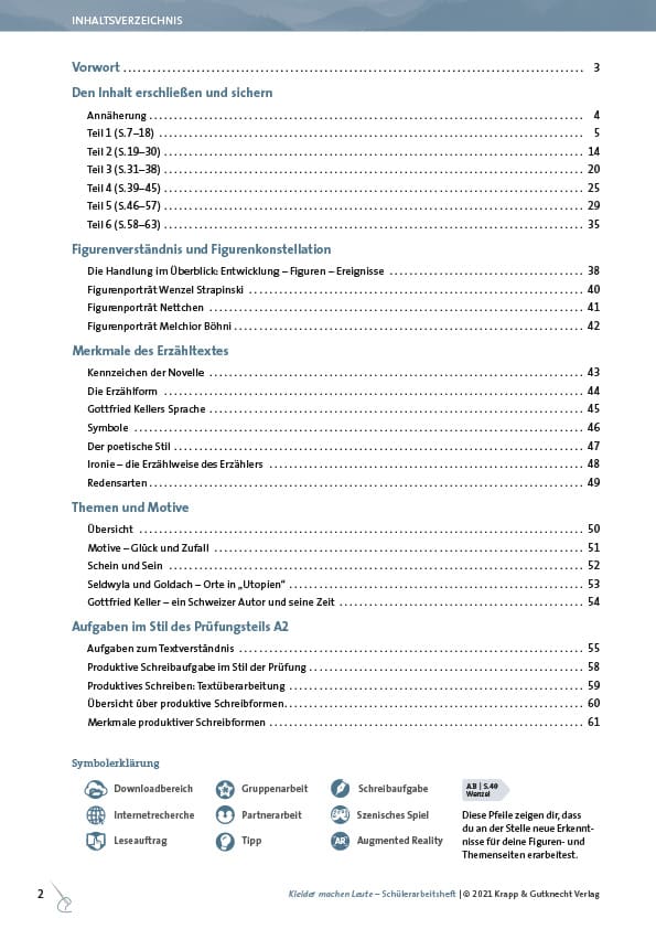 Inhaltsverzeichnis Kleider machen Leute von Gottfried Keller – Arbeitsheft und Unterrichtsmaterial als PDF – Krapp & Gutknecht Verlag