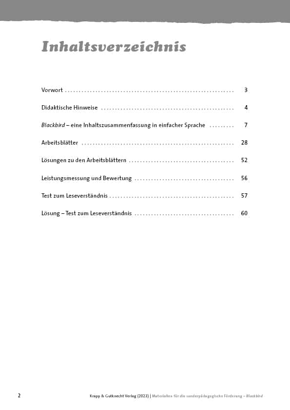 Inhaltsverzeichnis Blackbird von Matthias Brandt – Materialien zur sonderpädagogischen Förderung – Arbeitsheft und Unterrichtsmaterial – Krapp & Gutknecht Verlag
